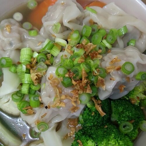 Over head shot Wonton soup